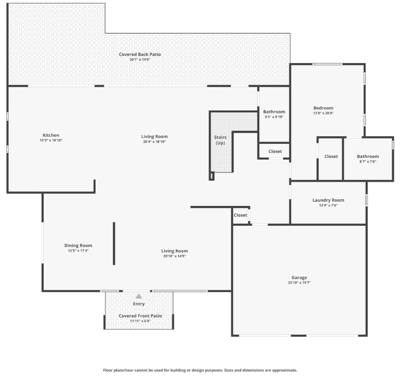 First floor plan: living room, dining room, kitchen, ground-level bedroom with bath, laundry, two-car garage, covered front and back patios